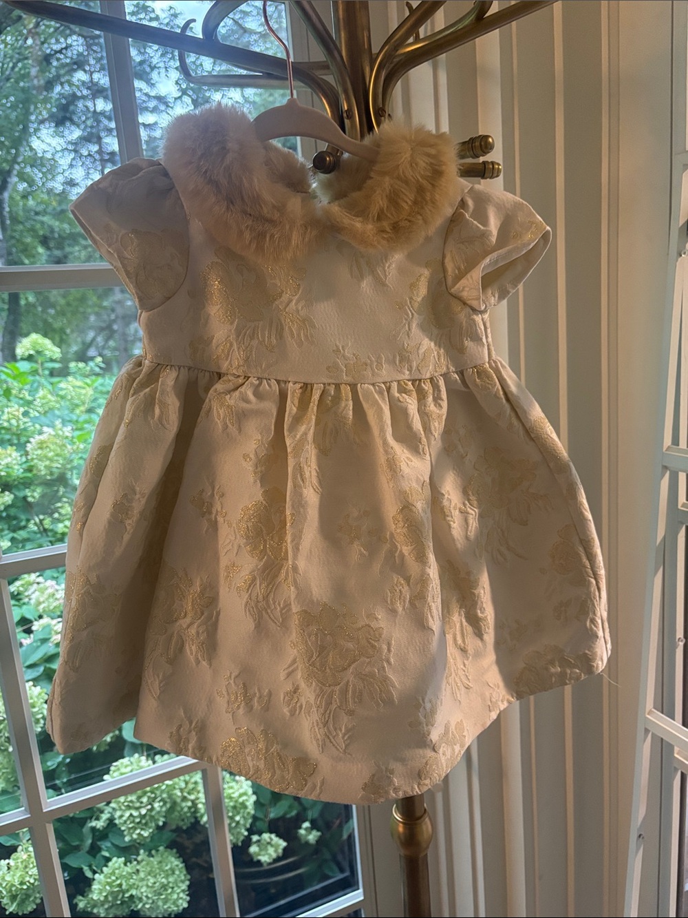 Janie and Jack- Ivory Floral Brocade Baby Dress with Faux Fur Collar